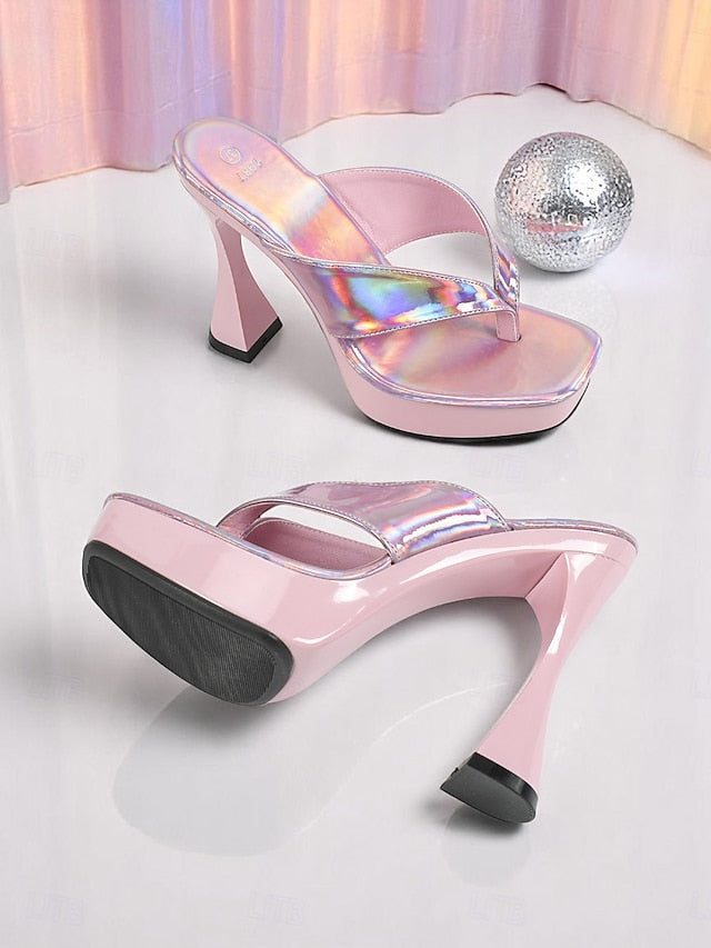 Block Iridescent Pink Open-Toe Chunky Heels with Women's FashionChic