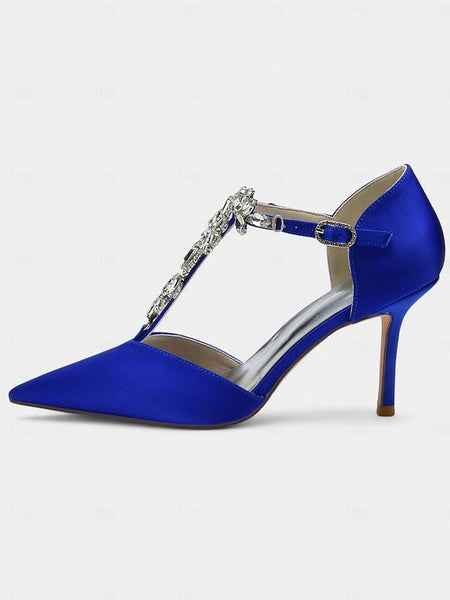 Satin Heels – Blue Pointed Toe T-Strap Women's Navy FashionChic