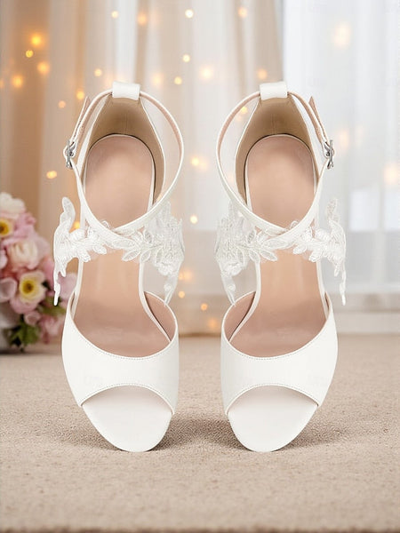 - Lace Sandals Heel with Women's Block Ankle Strap White FashionChic