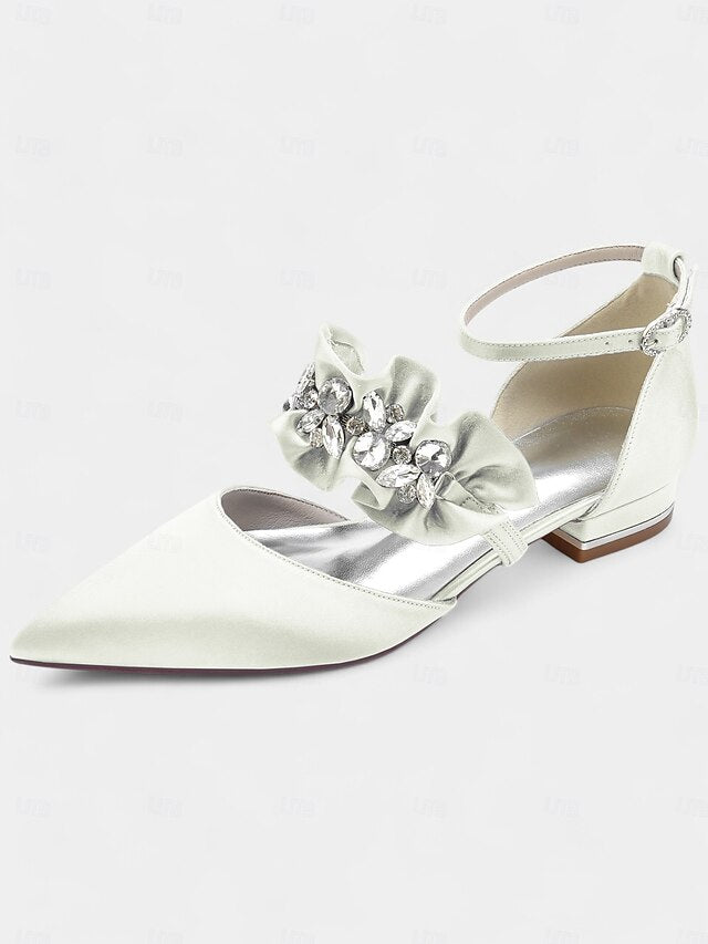 Satin Women's Black with Flats Rhinestone Pointed-Toe FashionChic