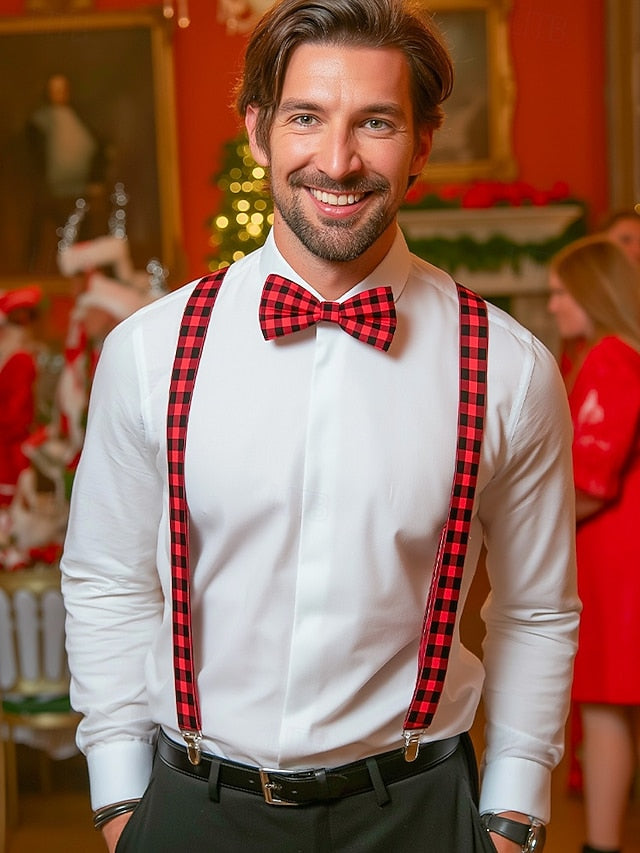Men's Set Tie Plaid and Adjustable Suspender Bow Christmas FashionChic