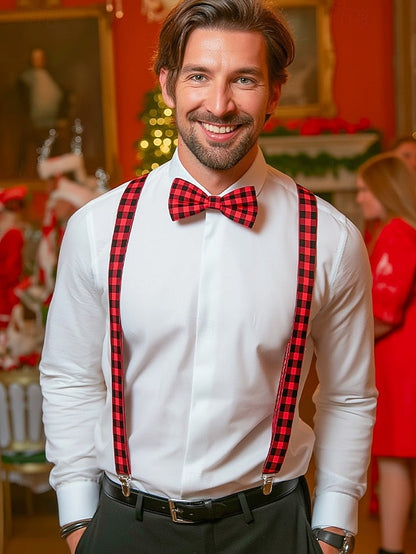 Men's Set Tie Plaid and Adjustable Suspender Bow Christmas FashionChic