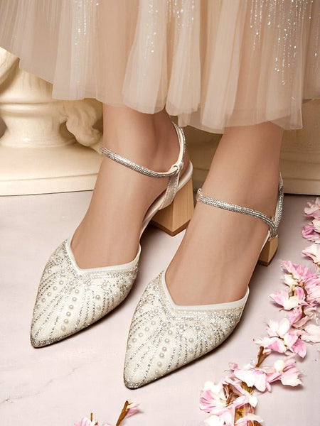 and Pointed Ivory with Toe Pearl Women's Block Heels FashionChic