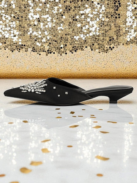 with Rhinestone Toe Pointed Mules Satin Black Women's FashionChic
