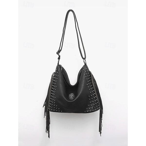 - Brown Leather Boho Studded Bag Women's Hobo Skull Fringe FashionChic