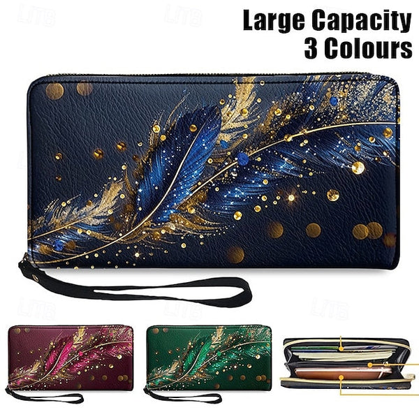 Women's with Gilded Large Capacity Wallet Feather Print FashionChic