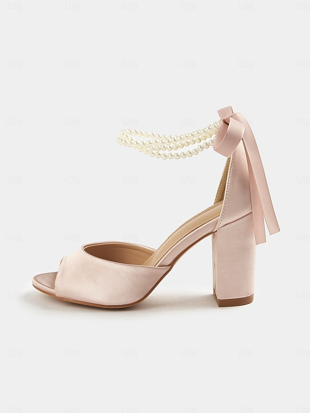 Peep-Toe Sandals Heel Pearl Satin Block Ankle Women's with FashionChic