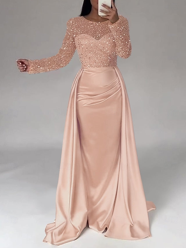 RuchedSatin Dress Sleeves Mermaid Gown Evening Sequin Long FashionChic