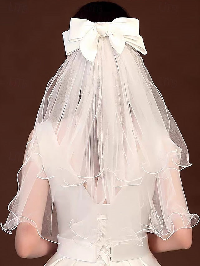 and Soft - Bridal Satin Tulle Ivory Ribbon with Veil Elegant FashionChic