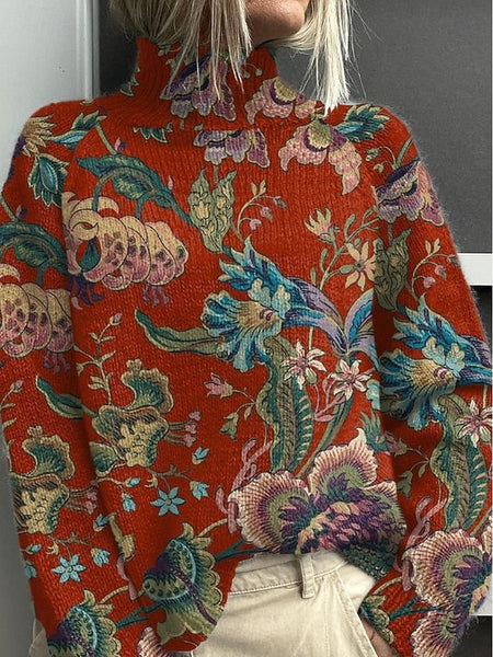 Women's Sweater Casual Soft Floral Ribbed Turtleneck FashionChic