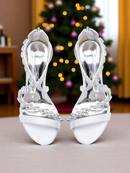 Women's Heel Sandals High White - Strappy Rhinestone FashionChic