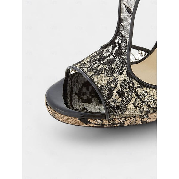 Black Heels Lace for Mesh with Peep-Toe Design Stiletto FashionChic