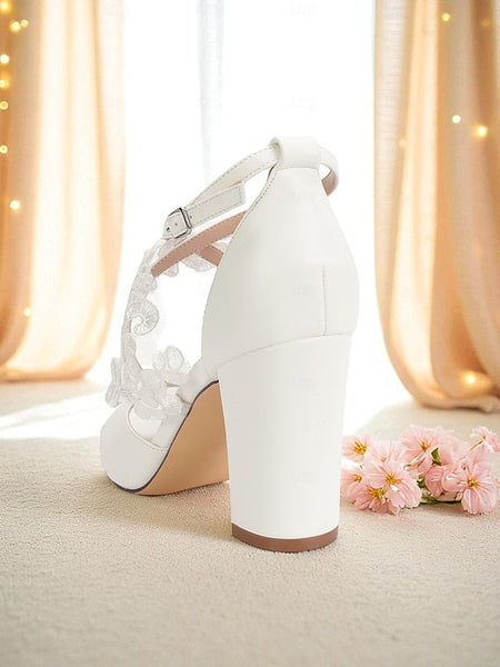 - Lace Sandals Heel with Women's Block Ankle Strap White FashionChic