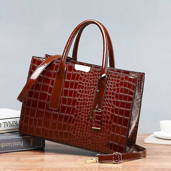 Women's Black Patent Crocodile Leather Pattern Handbag with FashionChic