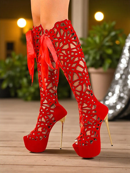 Sexy Stiletto Cutout High Peep Knee Platform Boots Women's FashionChic