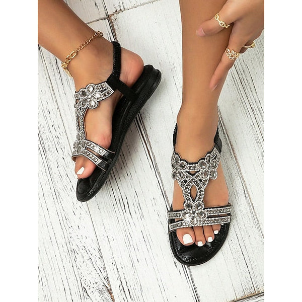 T-Strap Sandals Women's Silver Boho Rhinestone Flat – FashionChic