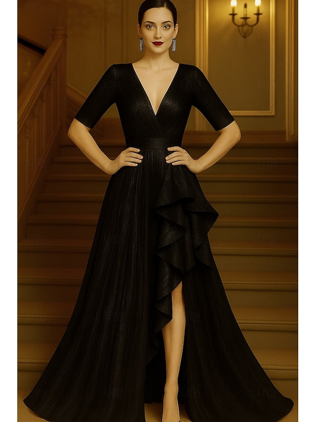 Formal Black A-Line Red Dress Gown Evening Elegant FashionChic