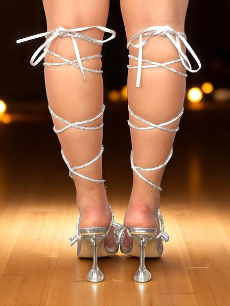 Crystal Bow Heeled and with Silver Sandals Women's Glitter FashionChic