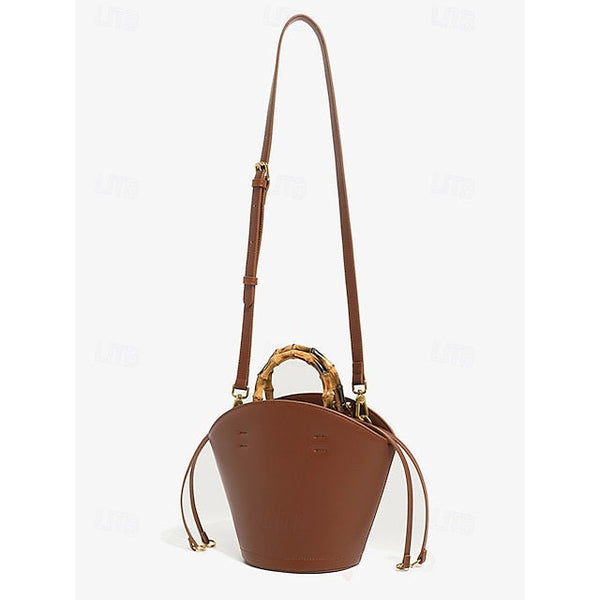 Bucket Bag Bamboo Handle Leather Brown Women's with FashionChic
