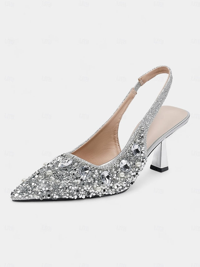 with Slingback Gold Rhinestone Heels Women's Pearl FashionChic