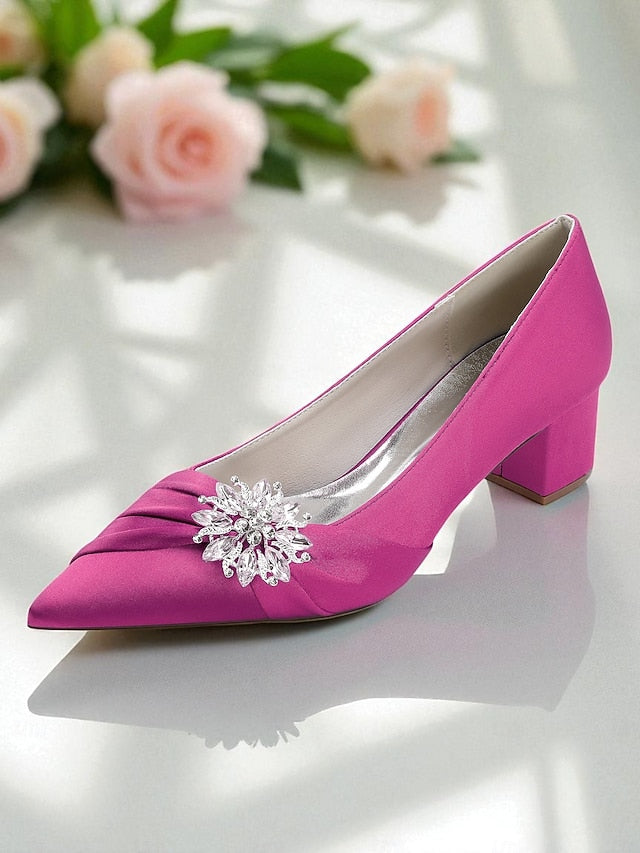 Block Heel Low Crystal Pumps Women's with White FashionChic