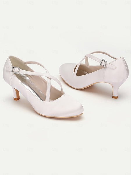 Elegant Buckle White Satin Cross-Strap Heels with – Rhinestone FashionChic