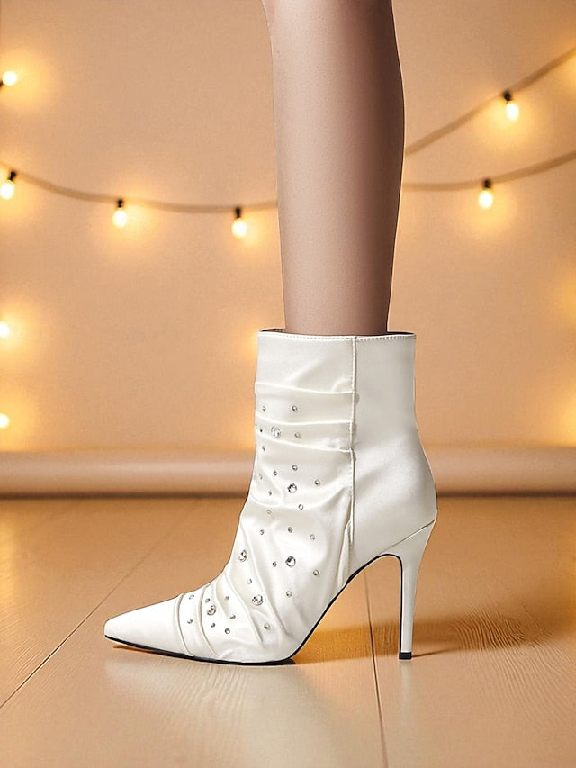 Boots with Satin Women's Ankle Rhinestone White FashionChic