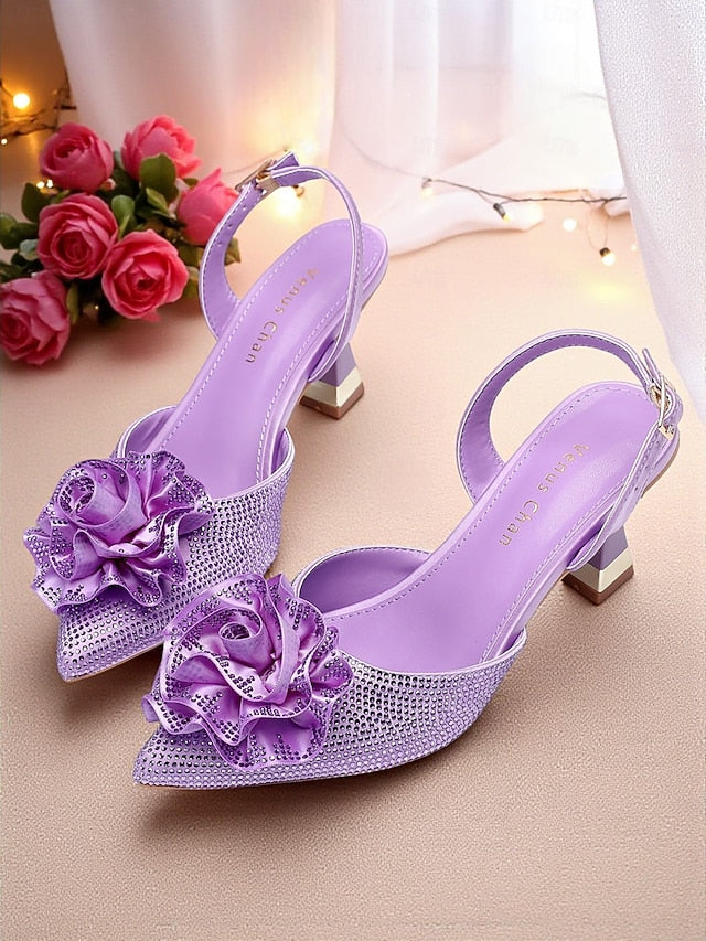 Women's Floral Heels Purple Slingback with Rhinestone FashionChic