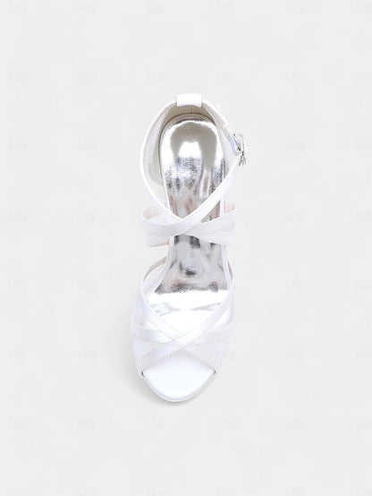 Heel Cross White Sandals - with Satin High Straps Perfect Bridal FashionChic