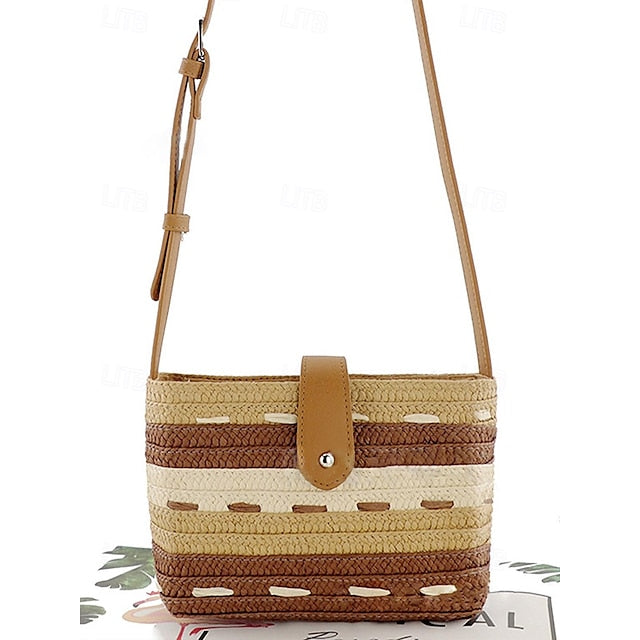 Woven with Women's Colorblock Straw Striped Brown Tote Bag FashionChic