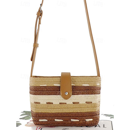 Woven with Women's Colorblock Straw Striped Brown Tote Bag FashionChic