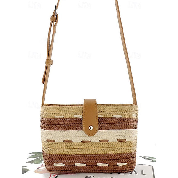 Striped with Bag Colorblock Women's Straw Woven Brown Tote FashionChic