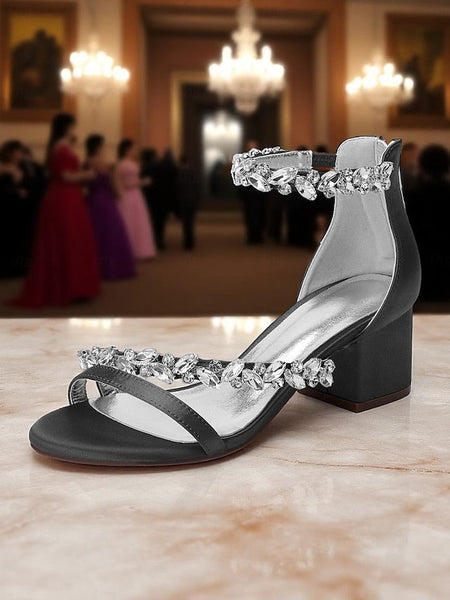 Women's Crystal Purple - Block Satin Sandals Heel FashionChic