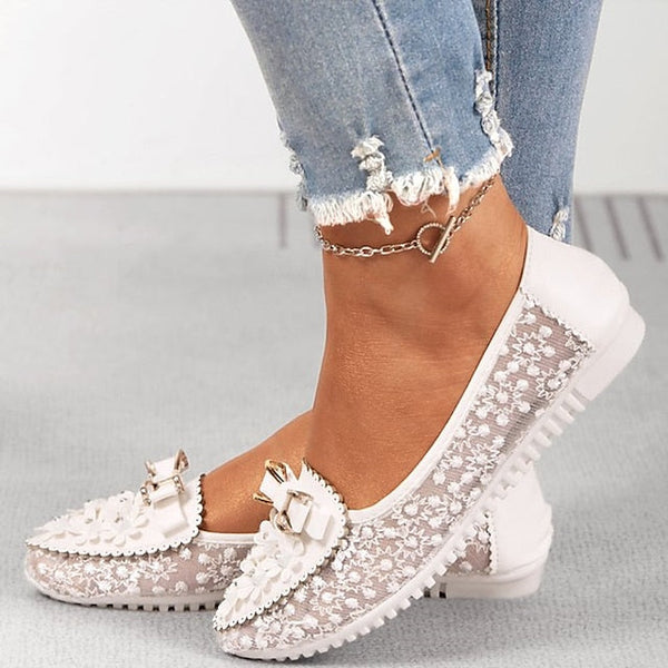 Details - Lace Flats Women's Pink and Floral with Bow FashionChic