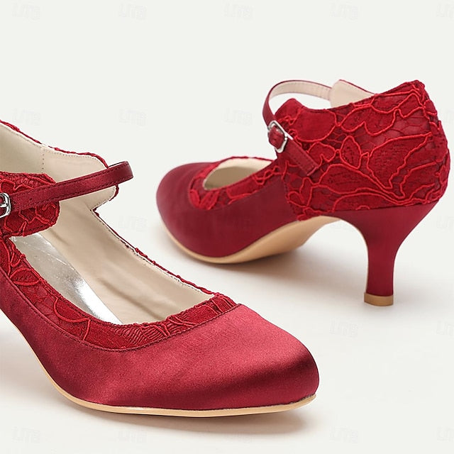 Heels Mid-Heel Satin Women's Lace - Elegant Comfortable Red FashionChic