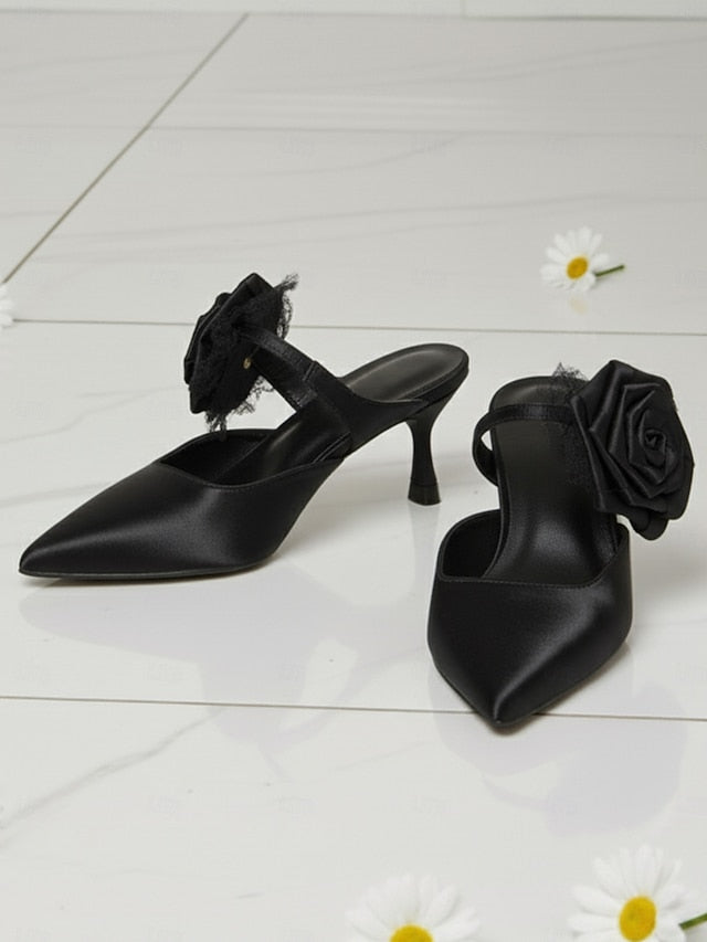 Green Toe with Heels Women's Pointed Floral Satin Ankle FashionChic