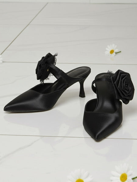 Floral Green Ankle Toe Heels Women's Satin with Pointed FashionChic