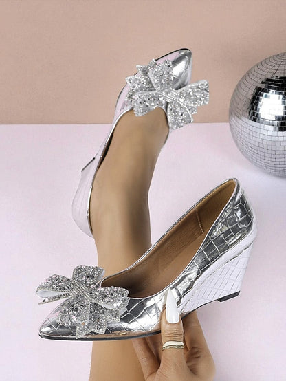 Glitter Bow Black Women's Leather Patent Heels with Wedge FashionChic