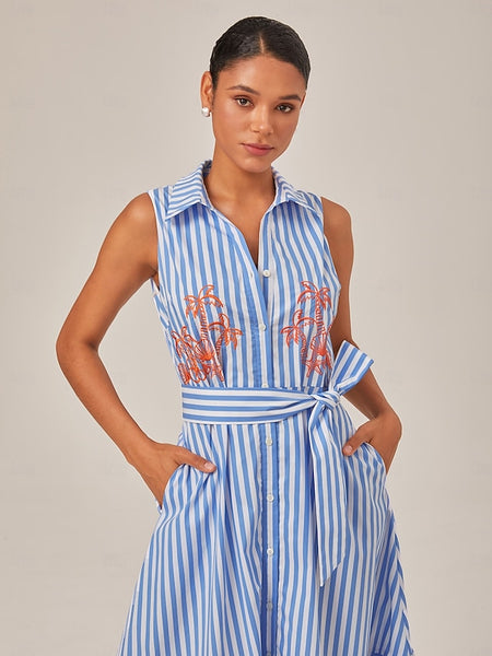 Summer Striped Embroidered Sleeveless Mid-length Dress
