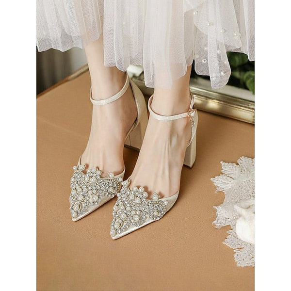 Women's Block Rhinestone and Embellished Wedding Pearl Heel FashionChic