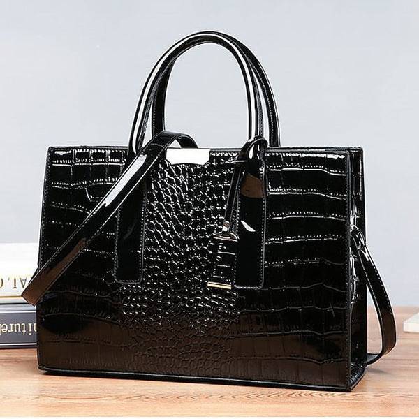 Women's Black Patent Crocodile Leather Pattern Handbag with FashionChic