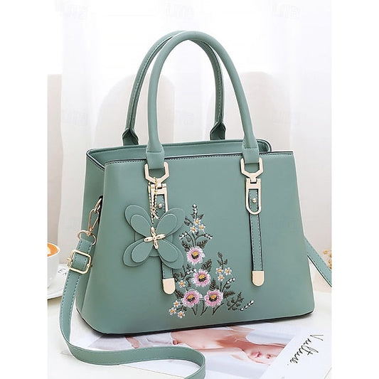 Faux Women's Handbag Embroidery Floral with Leather Green FashionChic