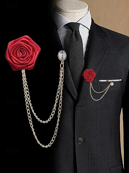 Elegant with – Rose Lapel Red Chain Gold Pin Men's FashionChic
