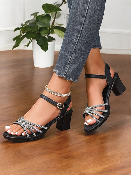 with - Block Comfortable Sandals Strappy Heel Rhinestones Black