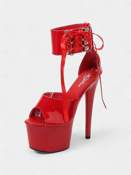 Lace-Up Sandals Ankle Straps Black with Leather Platform Patent FashionChic