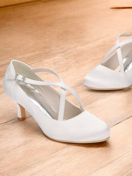 Elegant Buckle White Satin Cross-Strap Heels with – Rhinestone FashionChic