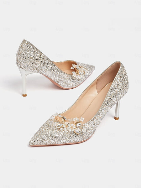 with Women's Glitter Floral Heels Silver Stiletto FashionChic