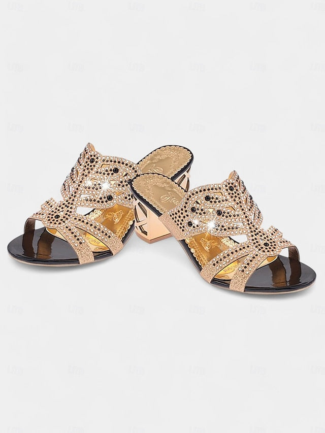Embellished Green - Gold Rhinestone Sandals and Heeled FashionChic