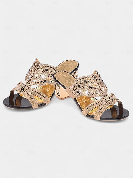 Embellished Green - Gold Rhinestone Sandals and Heeled FashionChic
