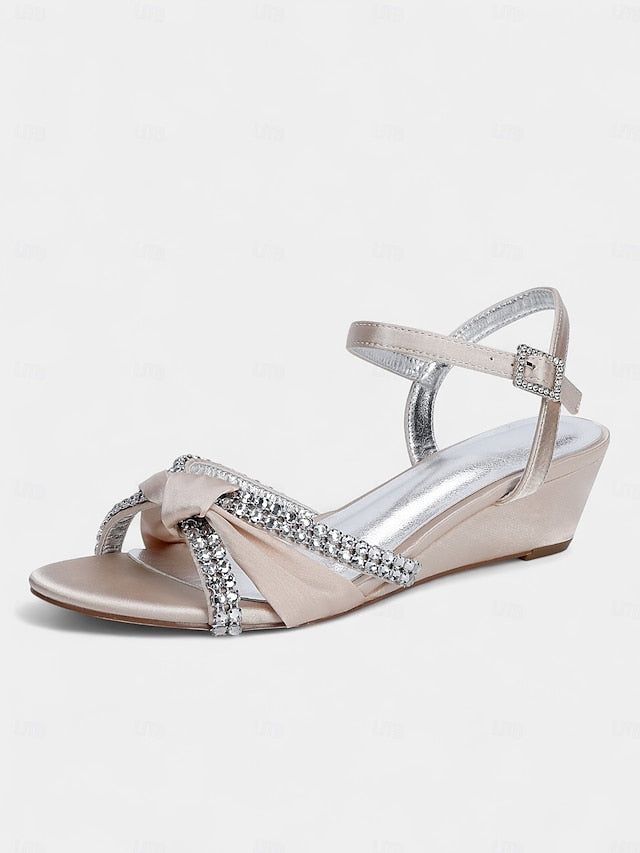 Knot Women's Rhinestone Wedge - Green Dress Satin Sandals FashionChic